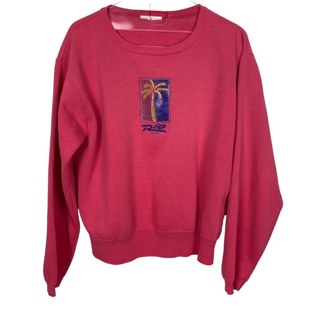 Vintage 90s Rio Casino Las Vegas Sweatshirt Womens Large Pink Glitter Palm Tree